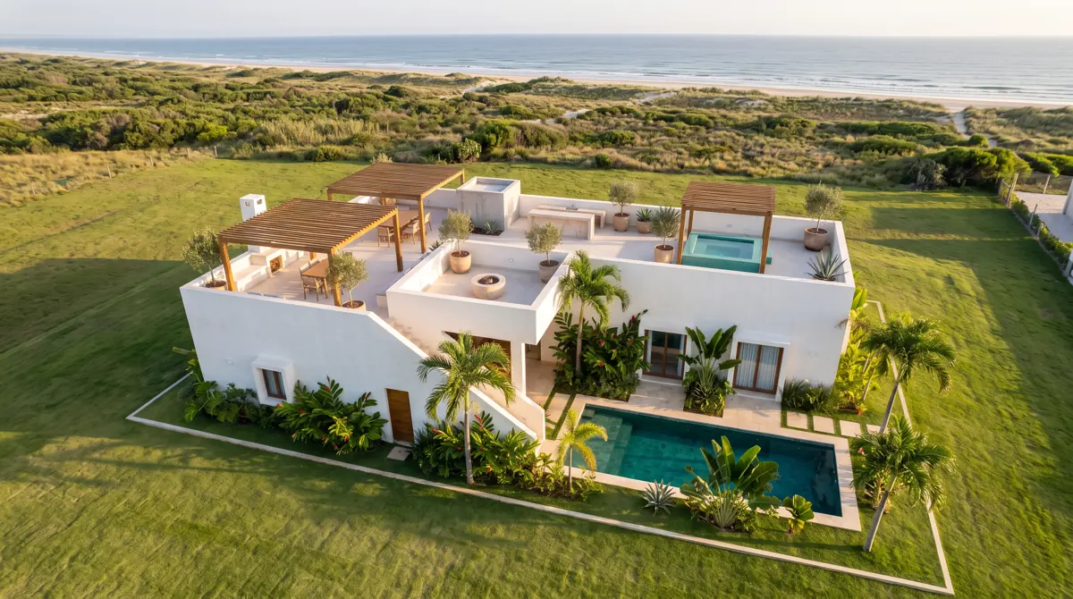 Casa Messapica SMG — Vista aerea con il vicinato e il mare