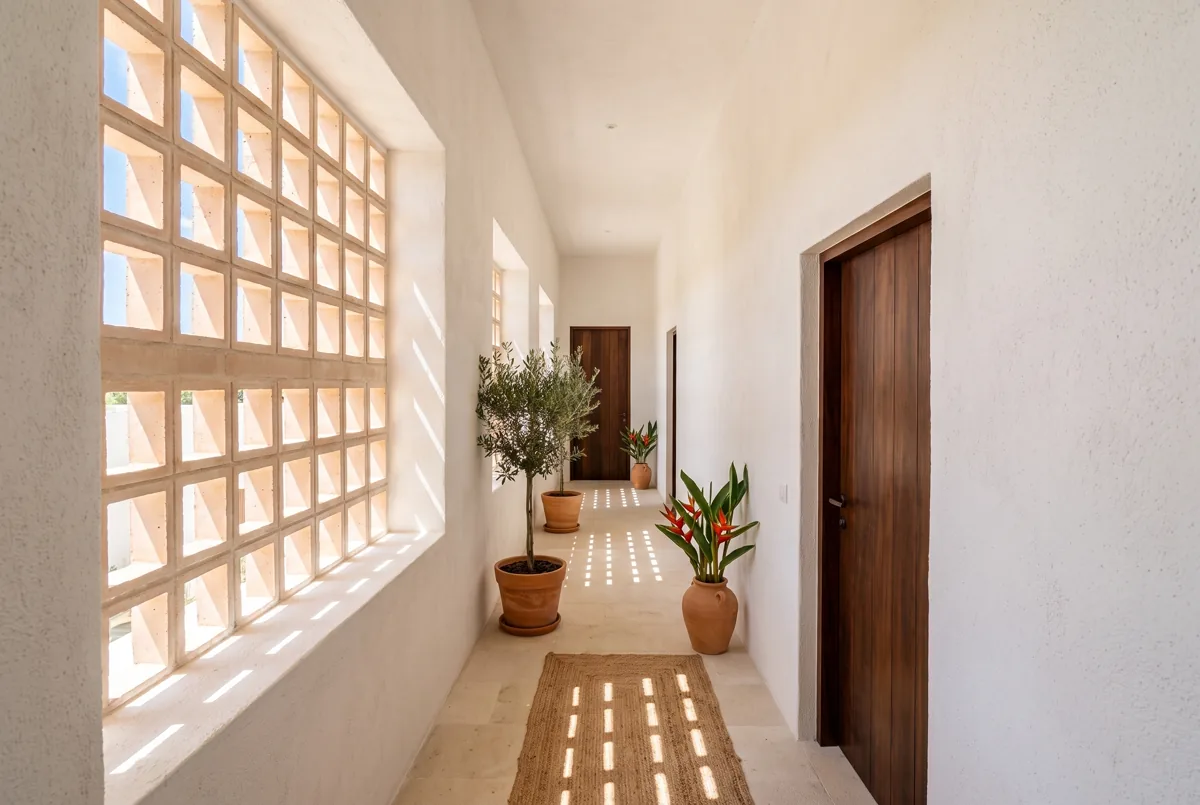 Casa Messapica SMG — Corridoio interno con cobogó (brise cerâmico forato)
