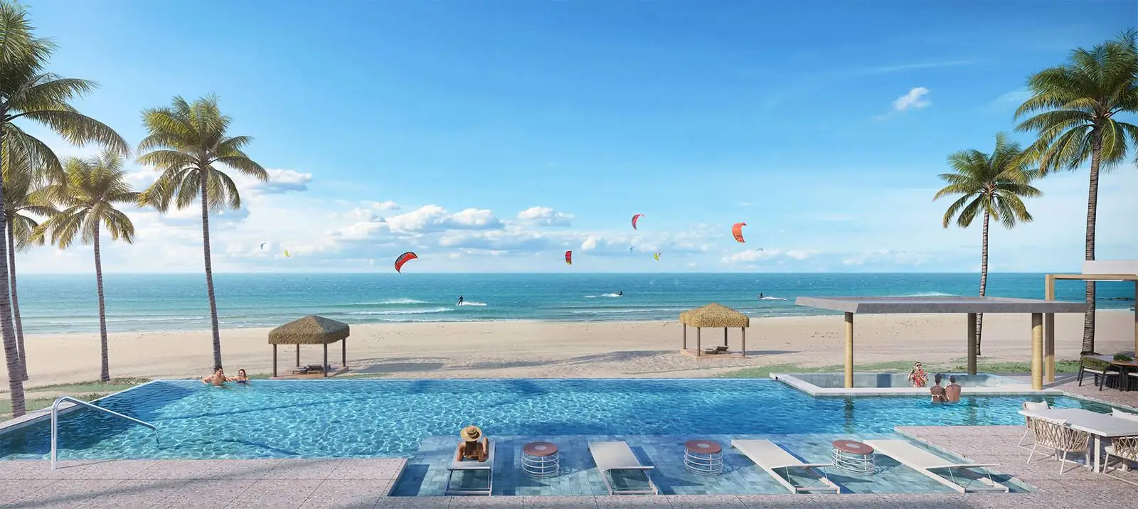 Perspectiva da piscina com borda infinita do Beach Club