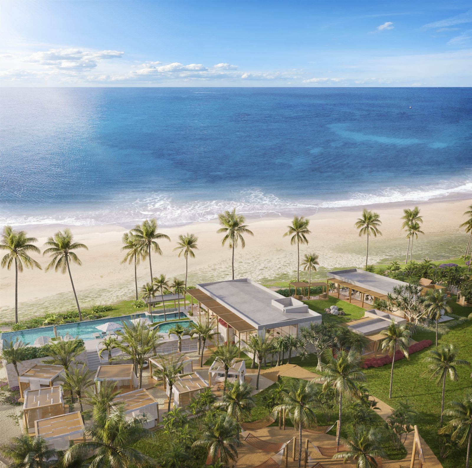 Perspectiva do Beach Club do Dune Beach & Ville, com piscina de borda infinita voltada para o mar
